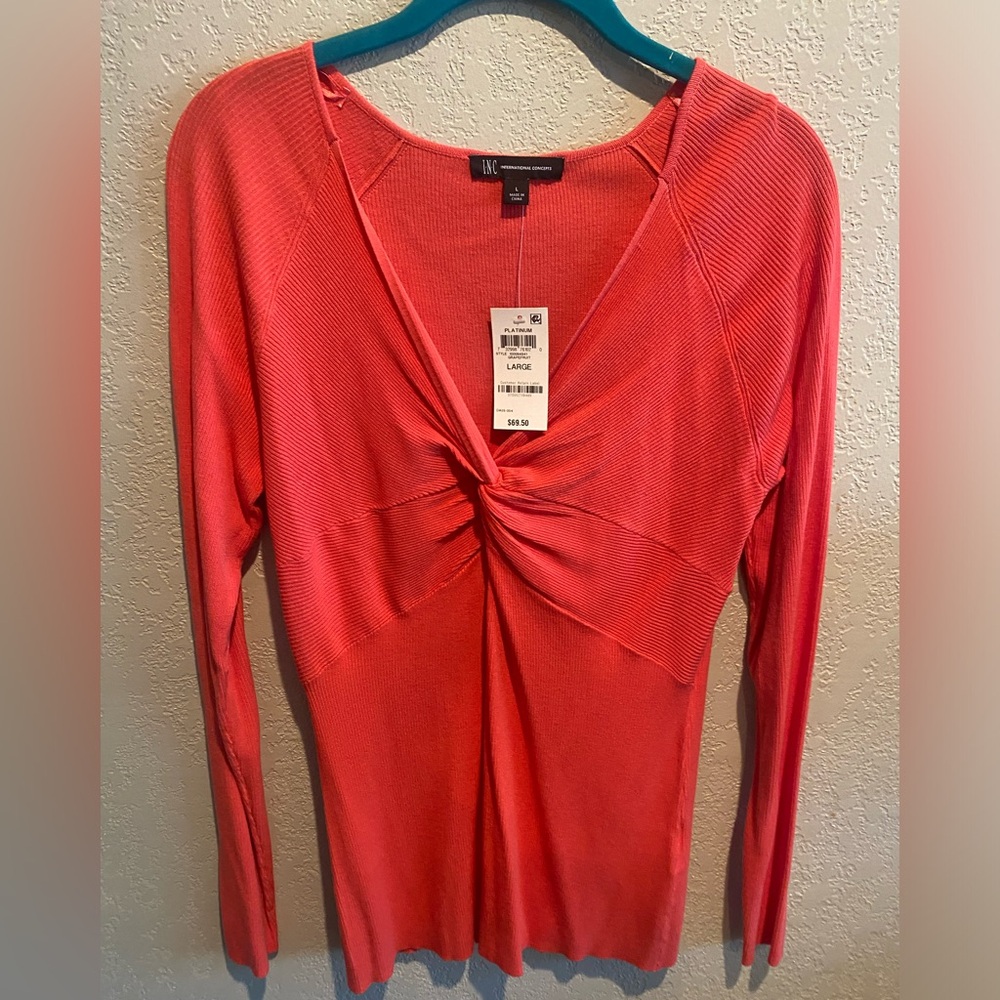 INC, coral long sleeve, Jersey top. Sz L NWT